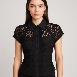 Bebe Black Lace Silk‎ Blend Button-Up Blouse XS XXS Goth Y2K Evening Top